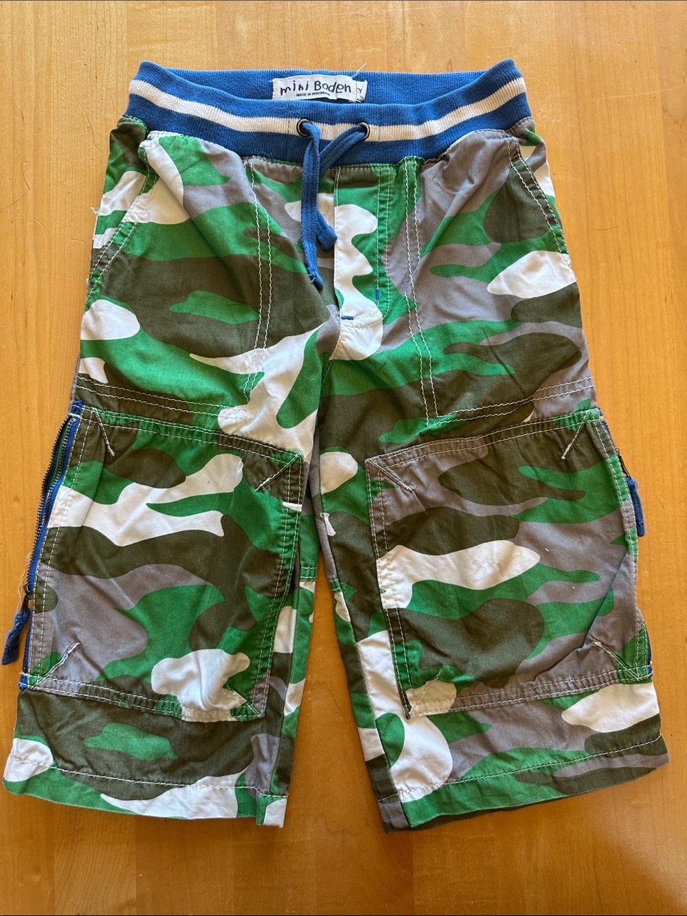 Mini Boden Green, Blue and White Camo Cargo Shorts